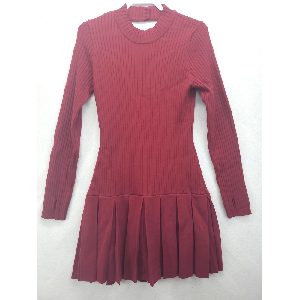 Free People Emmy Mini Dress Large Aged Red Ribbed Knit Pleated Open Back